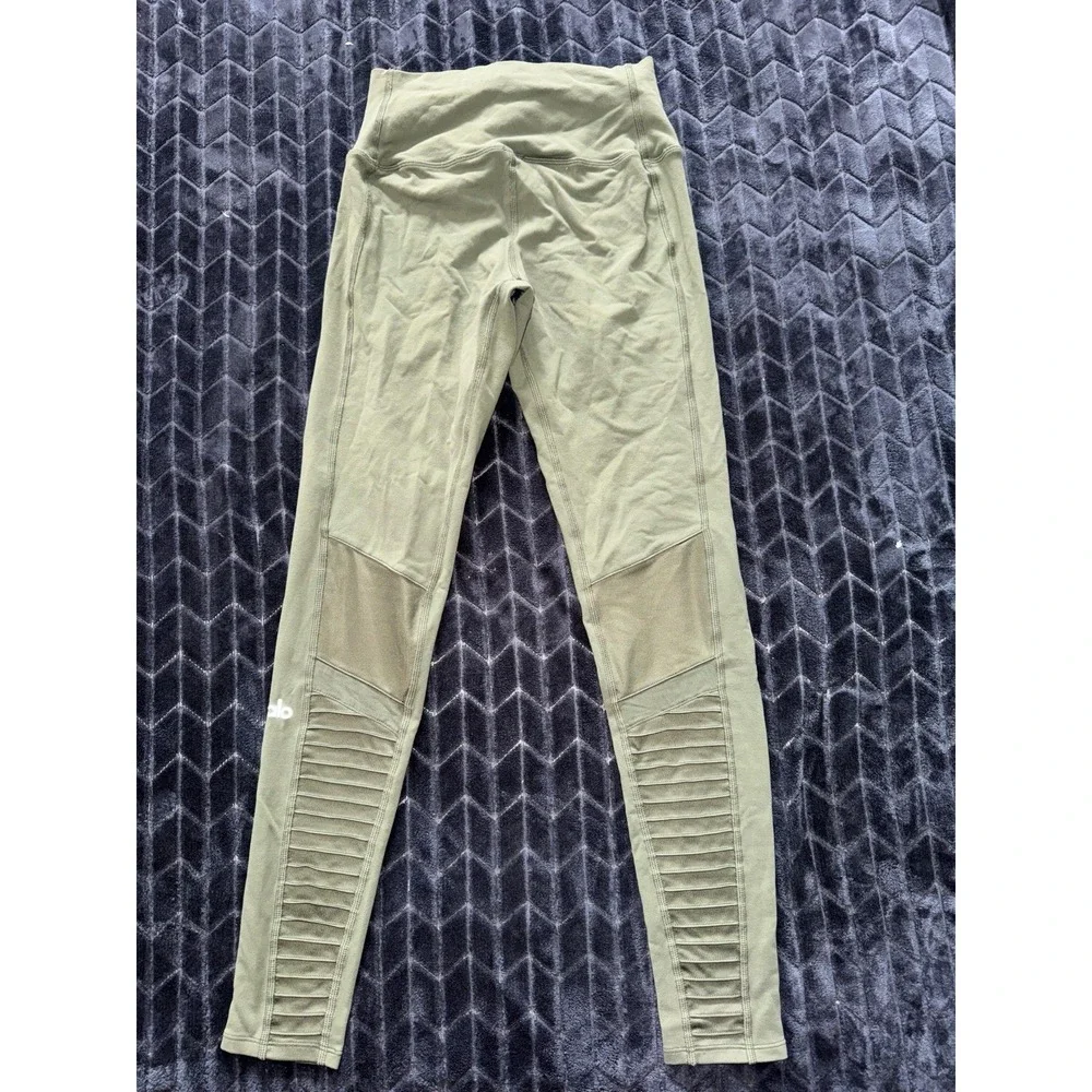 Alo Yoga Leggings Womens Green Moto High‎ Rise Panel Activewear Workout Size S
